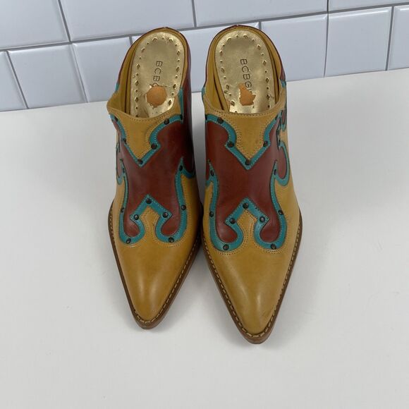 BCBG Girls Cowboy Western Mules Heel 4" Pointy Toes Leather Yellow - Size 8 1/2B - Picture 1 of 6